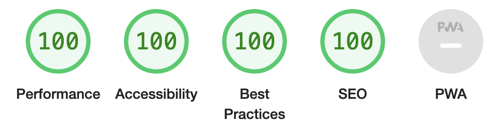 a screengrab of googles lighthouse scores showing 100/100 in performance, accesibility, best practices and SEO.